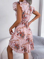Pleated Floral Printed Tie Neck Knee Length Dress - Trendsi