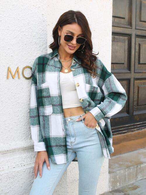 Plaid Button Up Collared Neck Long Sleeve Shirt - Trendsi - Flyclothing LLC