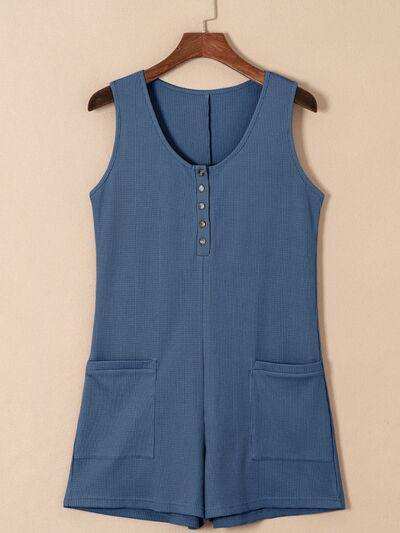 Waffle-Knit Half Button Sleeveless Romper with Pockets - Trendsi - Flyclothing LLC
