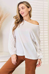 Double Take Eyelet Dropped Shoulder Round Neck Blouse - Trendsi - Flyclothing LLC