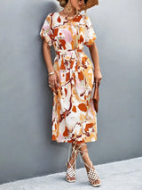 Round Neck Short Sleeve Tie Waist Midi Dress - Trendsi - Flyclothing LLC