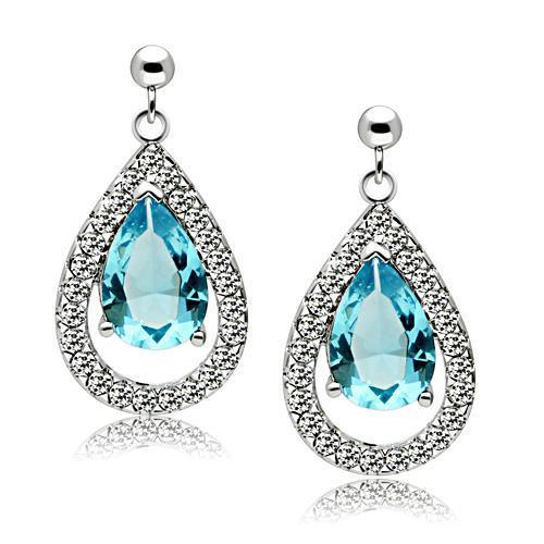 Alamode Rhodium Brass Earrings with Synthetic Synthetic Glass in Sea Blue - Flyclothing LLC