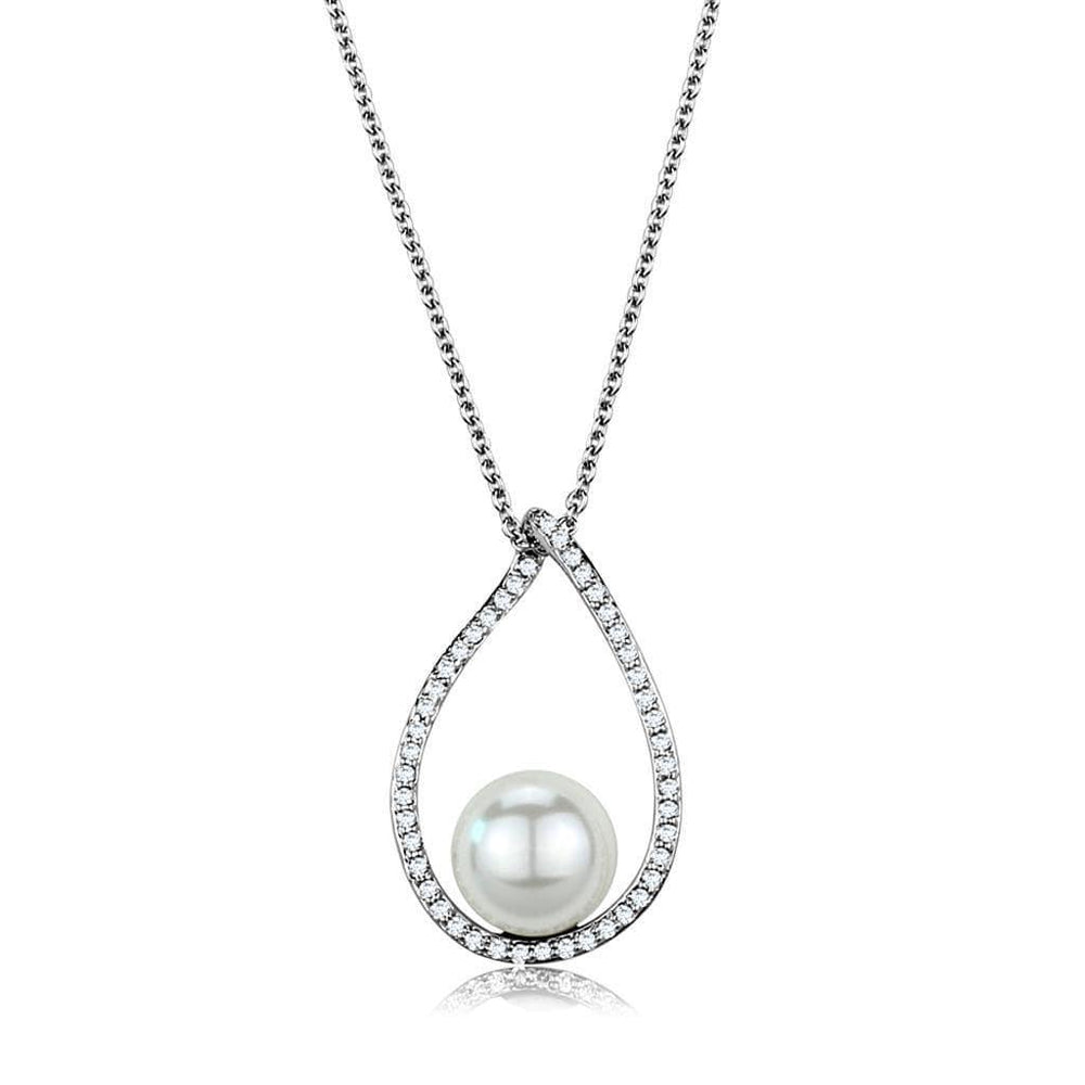 Alamode Rhodium Brass Chain Pendant with Synthetic Pearl in White - Alamode