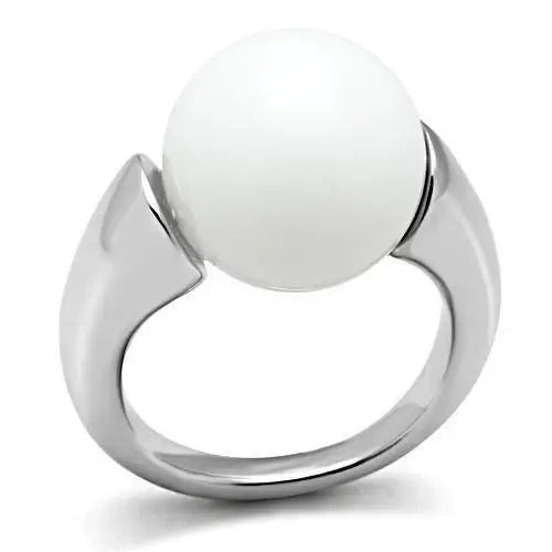 Alamode Rhodium Brass Ring with Synthetic Glass Bead in White - Alamode - Flyclothing LLC