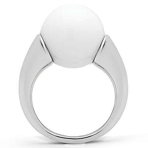 Alamode Rhodium Brass Ring with Synthetic Glass Bead in White - Alamode