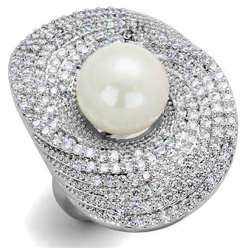 Alamode Rhodium Brass Ring with Synthetic Pearl in White - Alamode - Flyclothing LLC