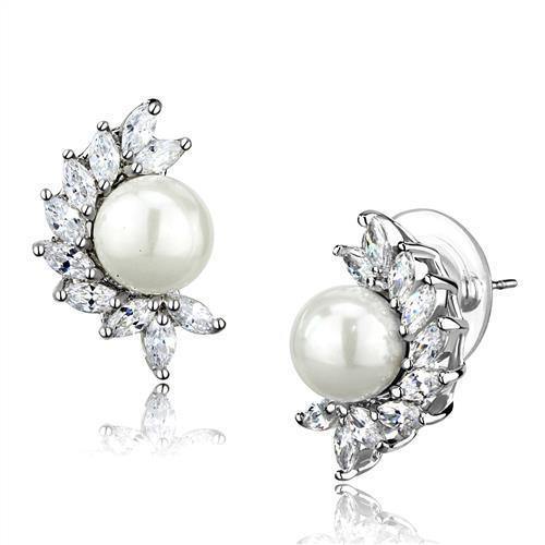 Alamode Rhodium Brass Earrings with Synthetic Pearl in White - Alamode