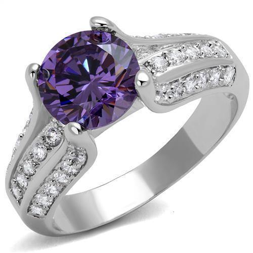 Alamode Rhodium Brass Ring with AAA Grade CZ in Amethyst - Alamode