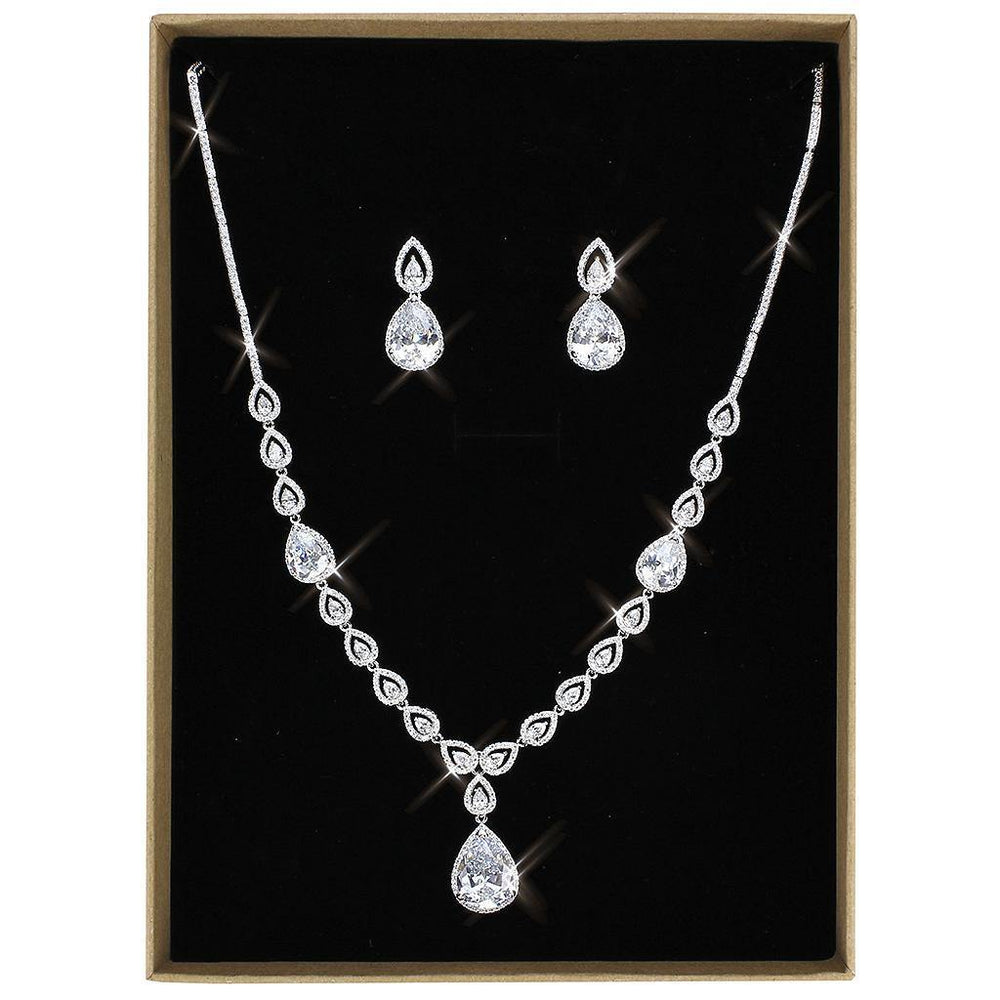 Alamode Rhodium Brass Jewelry Sets with AAA Grade CZ in Clear - Alamode
