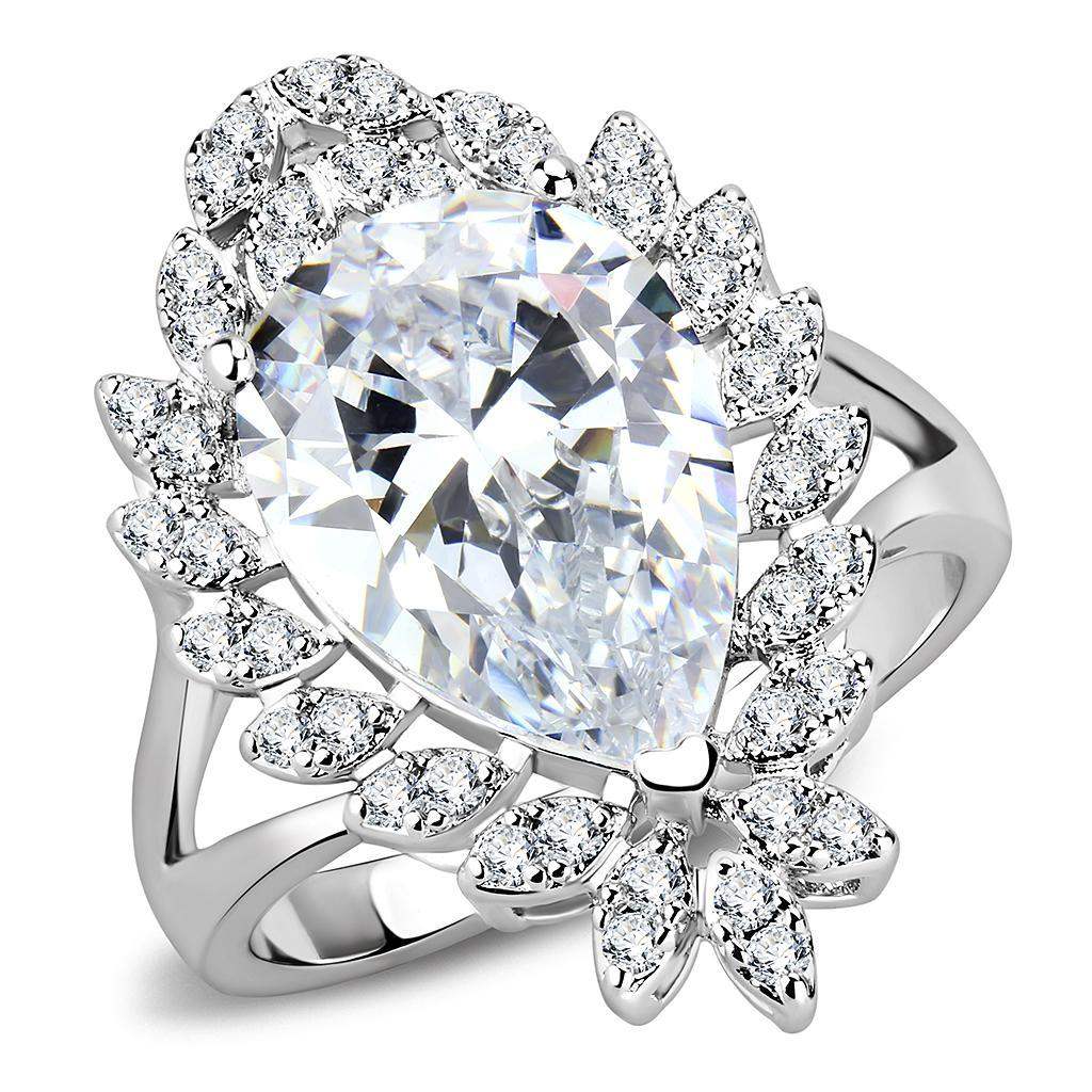 Alamode Rhodium Brass Ring with AAA Grade CZ in Clear - Alamode - Flyclothing LLC