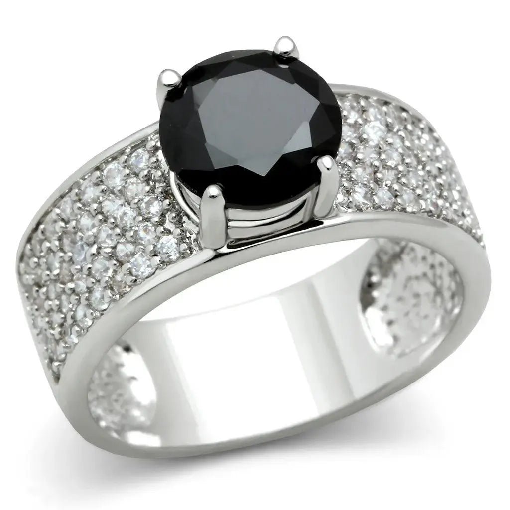 Alamode Rhodium Brass Ring with AAA Grade CZ in Jet - Alamode - Flyclothing LLC