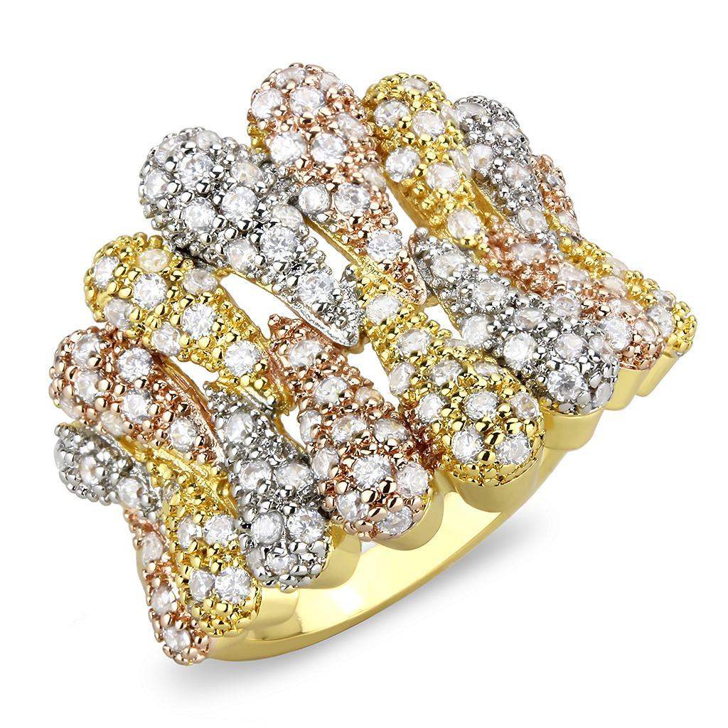 Alamode Tricolor Brass Ring with AAA Grade CZ in Clear - Alamode - Flyclothing LLC