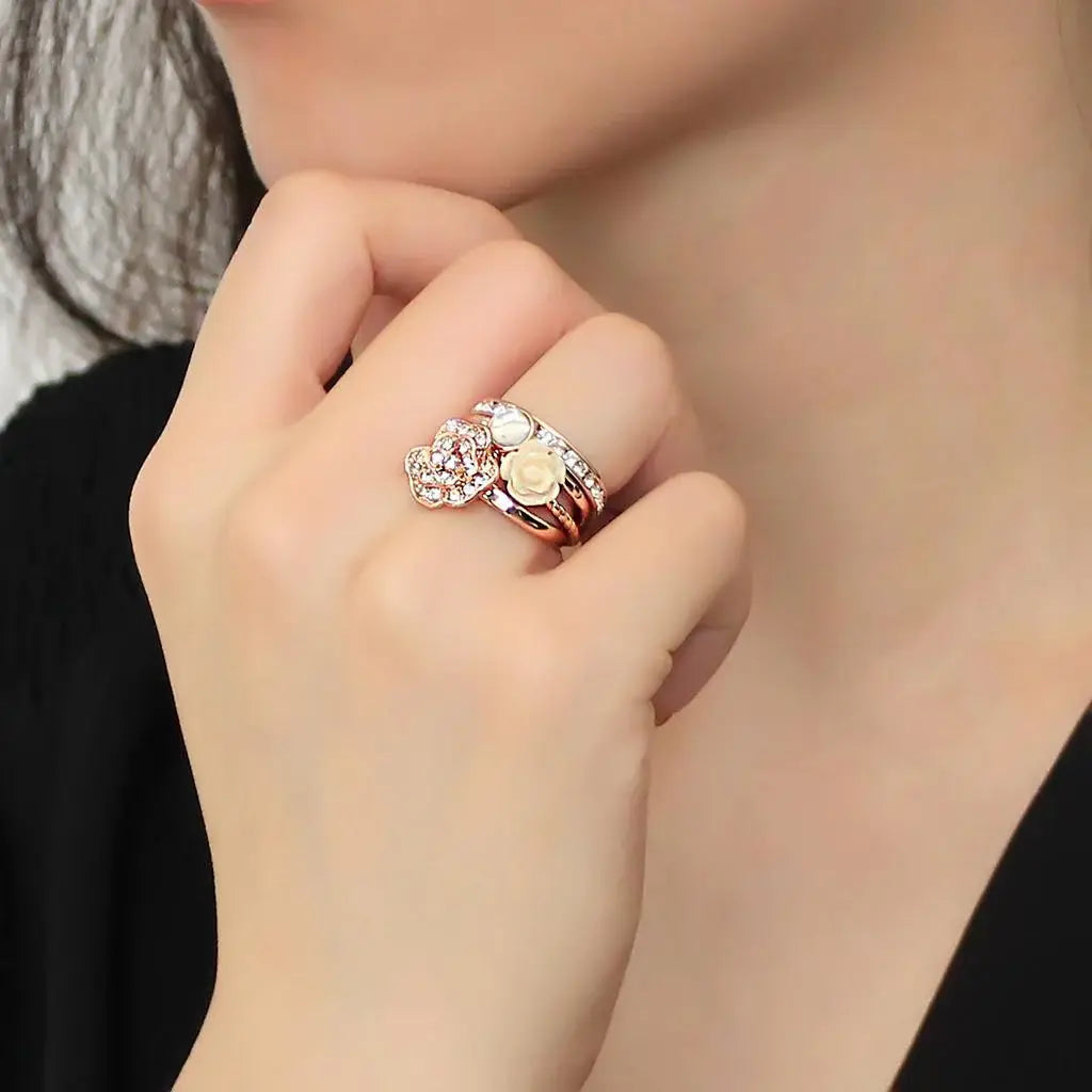 Alamode Rose Gold Brass Ring with Synthetic Synthetic Stone in White - Alamode - Flyclothing LLC