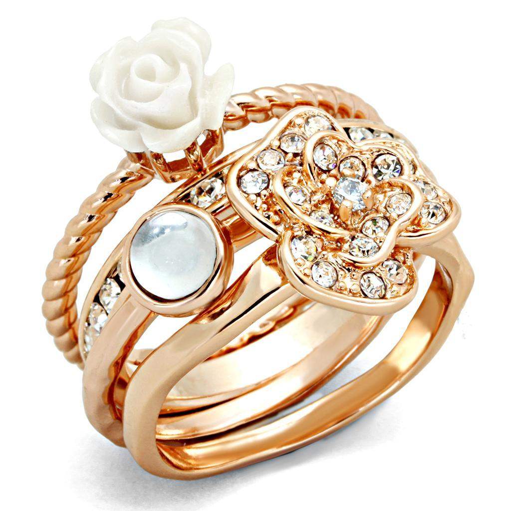 Alamode Rose Gold Brass Ring with Synthetic Synthetic Stone in White - Alamode - Flyclothing LLC