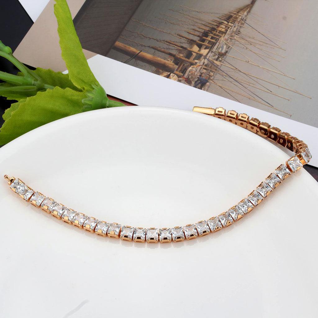 Alamode Rose Gold Brass Bracelet with AAA Grade CZ in Clear - Flyclothing LLC