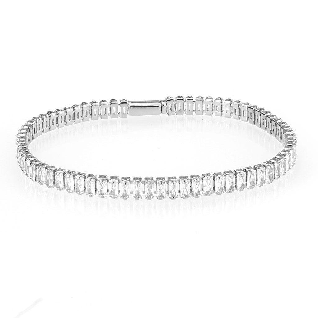 Alamode Rhodium Brass Bracelet with AAA Grade CZ in Clear - Flyclothing LLC