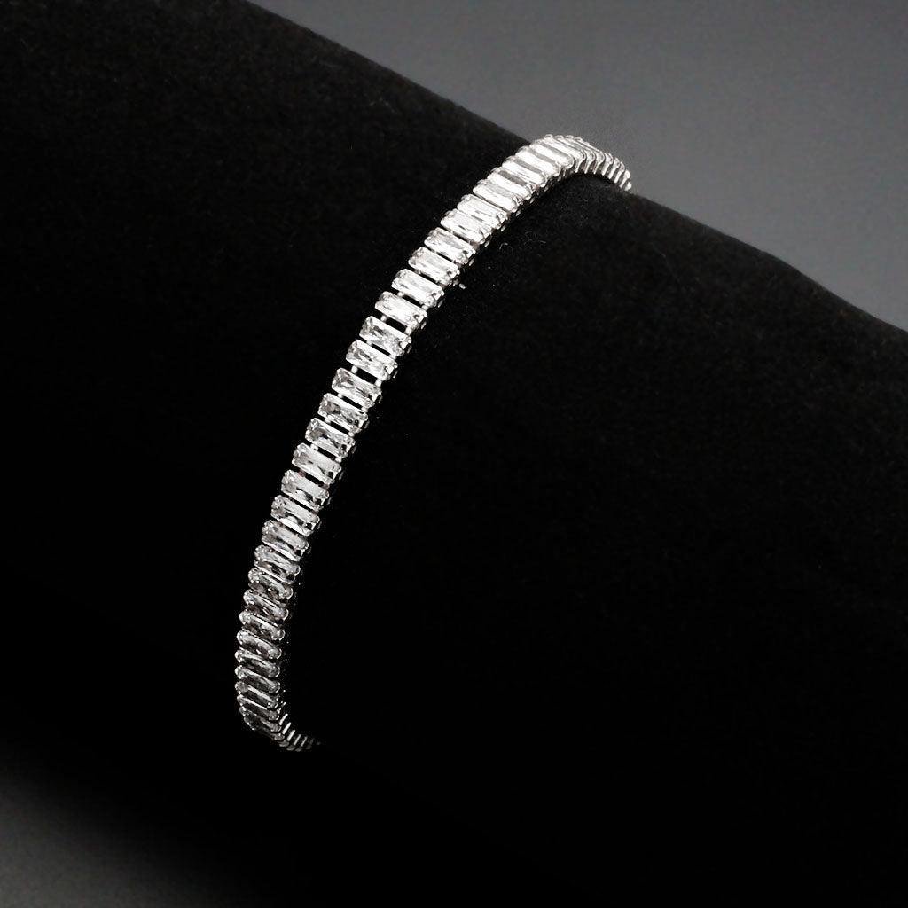 Alamode Rhodium Brass Bracelet with AAA Grade CZ in Clear - Flyclothing LLC