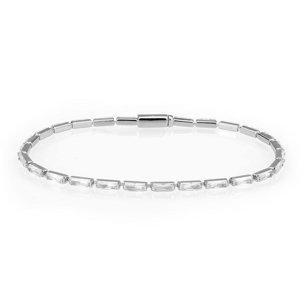 Alamode Rhodium Brass Bracelet with AAA Grade CZ in Clear - Flyclothing LLC