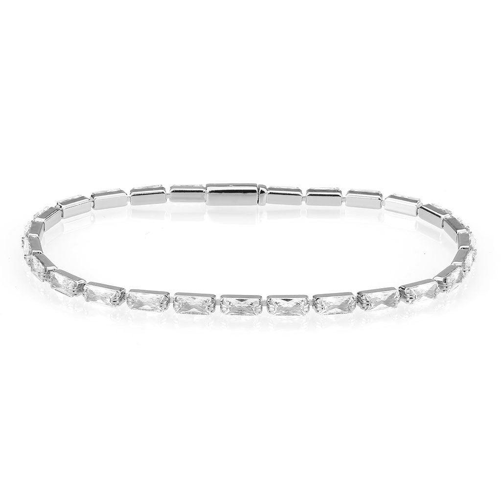 Alamode Rhodium Brass Bracelet with AAA Grade CZ in Clear - Flyclothing LLC