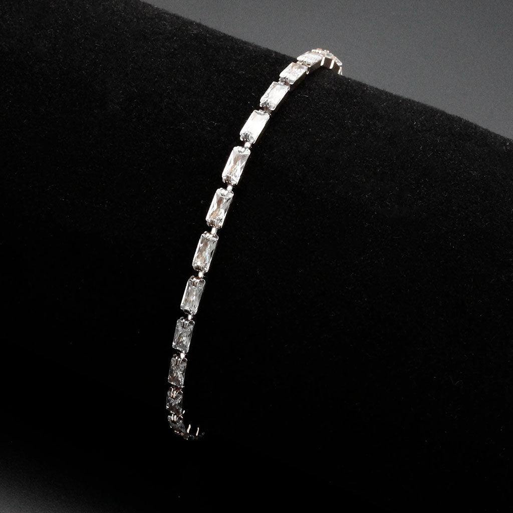 Alamode Rhodium Brass Bracelet with AAA Grade CZ in Clear - Flyclothing LLC