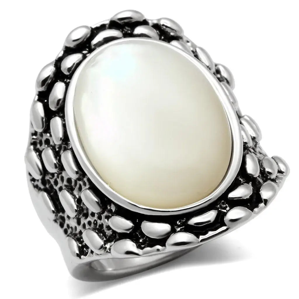 Alamode Rhodium Brass Ring with Precious Stone Conch in White - Alamode - Flyclothing LLC