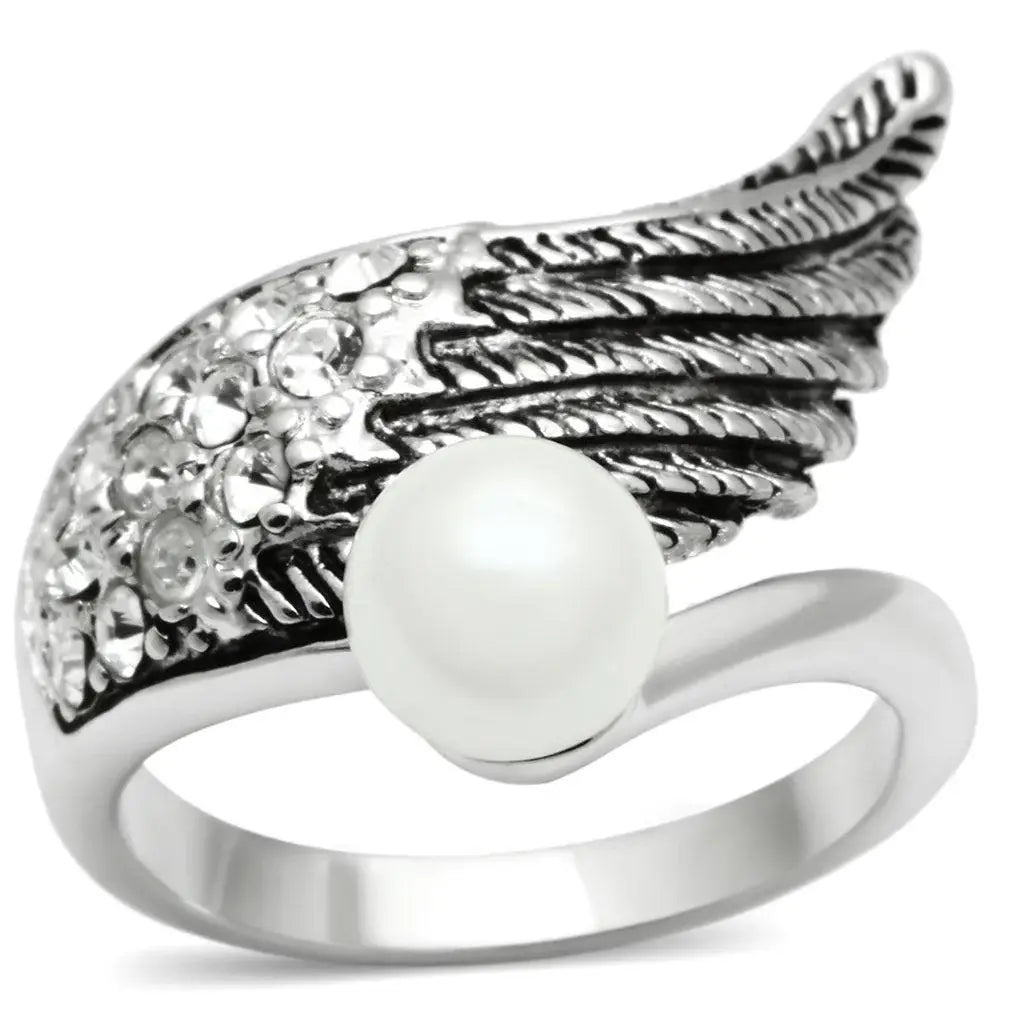 Alamode Rhodium Brass Ring with Synthetic Pearl in White - Alamode - Flyclothing LLC
