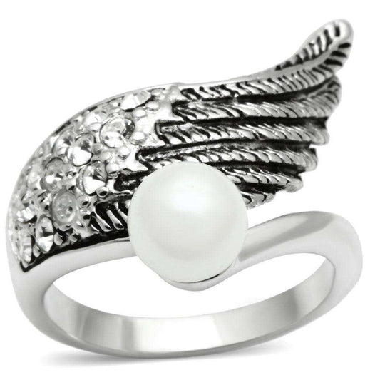 Alamode Rhodium Brass Ring with Synthetic Pearl in White - Alamode - Flyclothing LLC