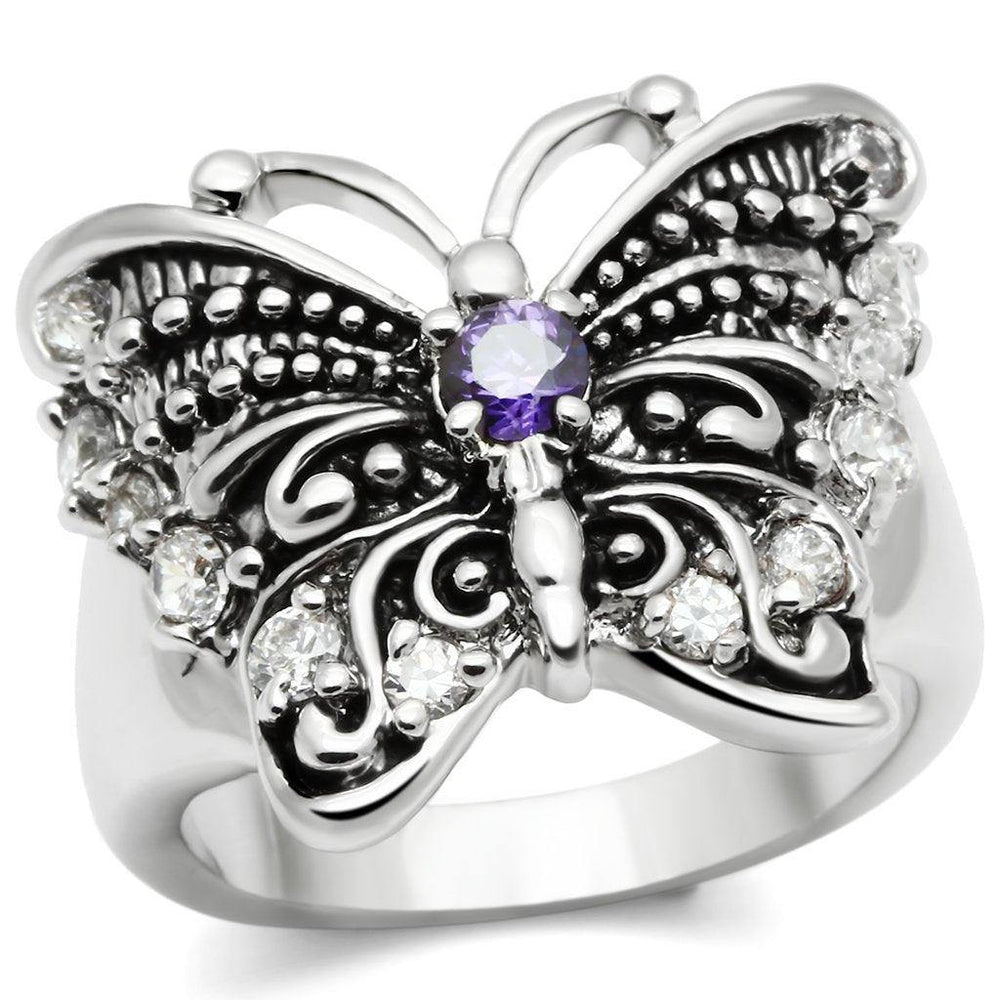 Alamode Rhodium Brass Ring with AAA Grade CZ in Amethyst - Alamode