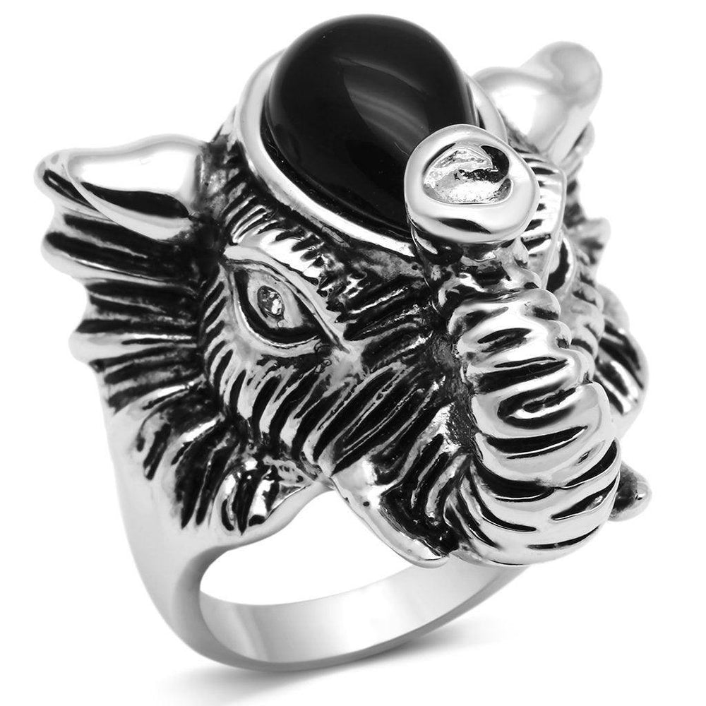 Alamode Rhodium Brass Ring with Synthetic Onyx in Jet - Alamode