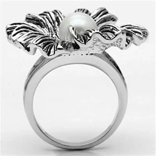 Alamode Rhodium Brass Ring with Synthetic Pearl in White - Alamode - Flyclothing LLC