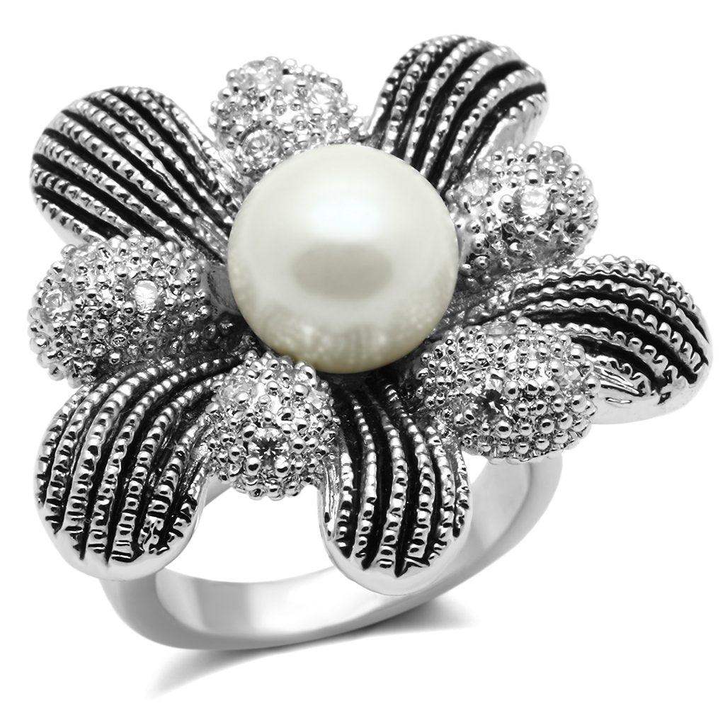 Alamode Rhodium Brass Ring with Synthetic Pearl in White - Alamode - Flyclothing LLC