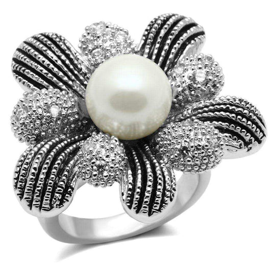 Alamode Rhodium Brass Ring with Synthetic Pearl in White - Alamode - Flyclothing LLC