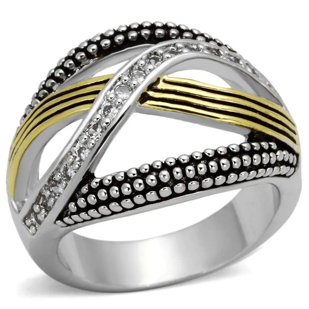 Alamode Reverse Two-Tone Brass Ring with AAA Grade CZ in Clear - Alamode - Flyclothing LLC