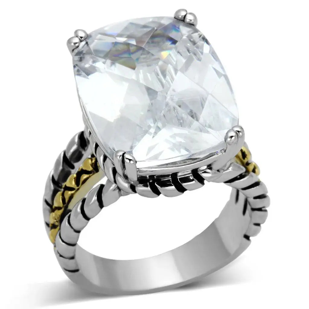 Alamode Reverse Two-Tone Brass Ring with AAA Grade CZ in Clear - Alamode - Flyclothing LLC