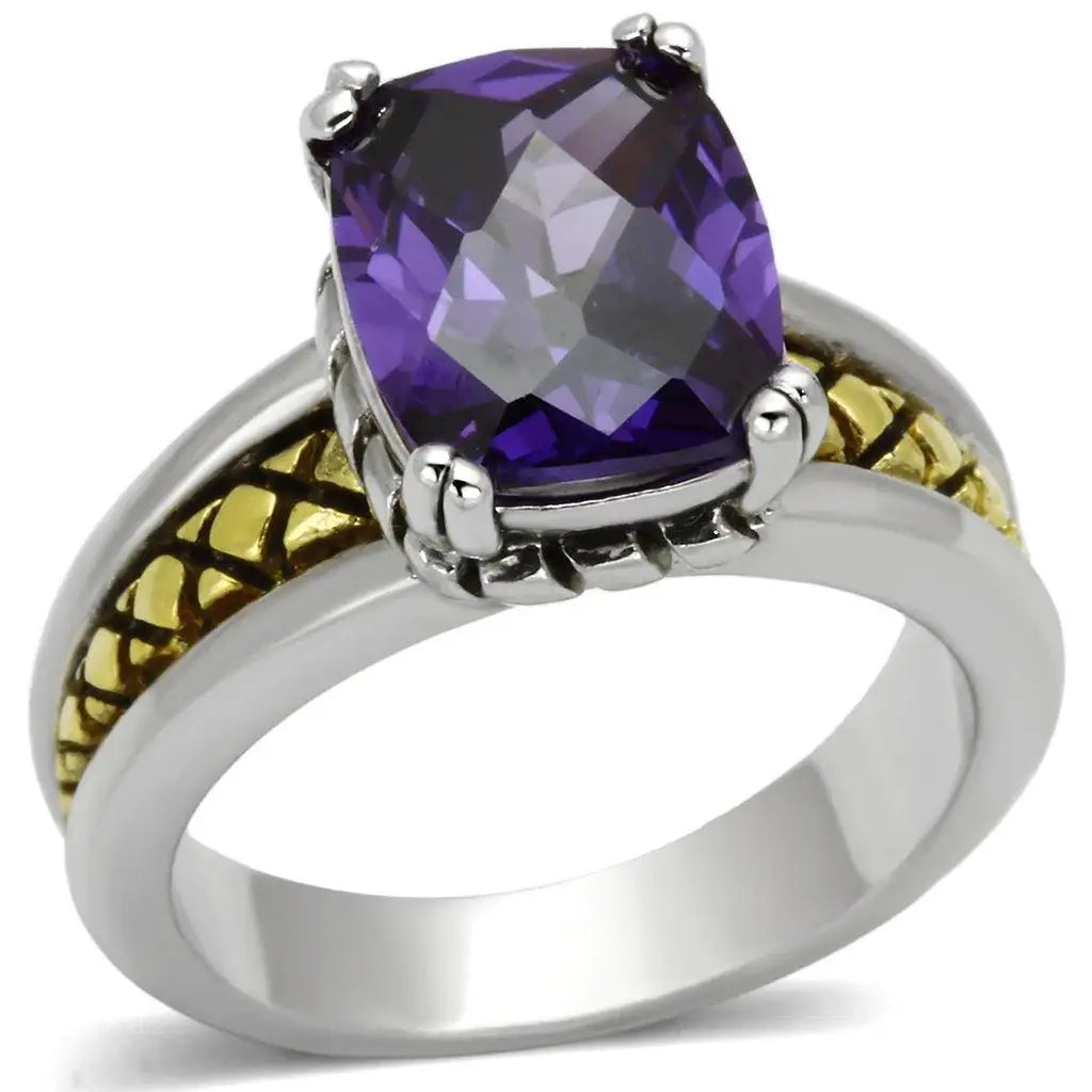 Alamode Reverse Two-Tone Brass Ring with AAA Grade CZ in Amethyst - Alamode - Flyclothing LLC