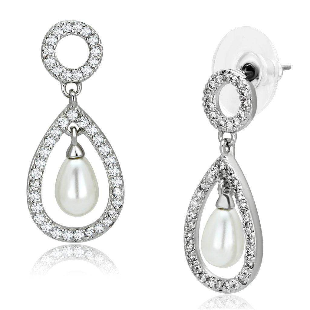 Alamode Rhodium Brass Earrings with Synthetic Pearl in White - Alamode - Flyclothing LLC