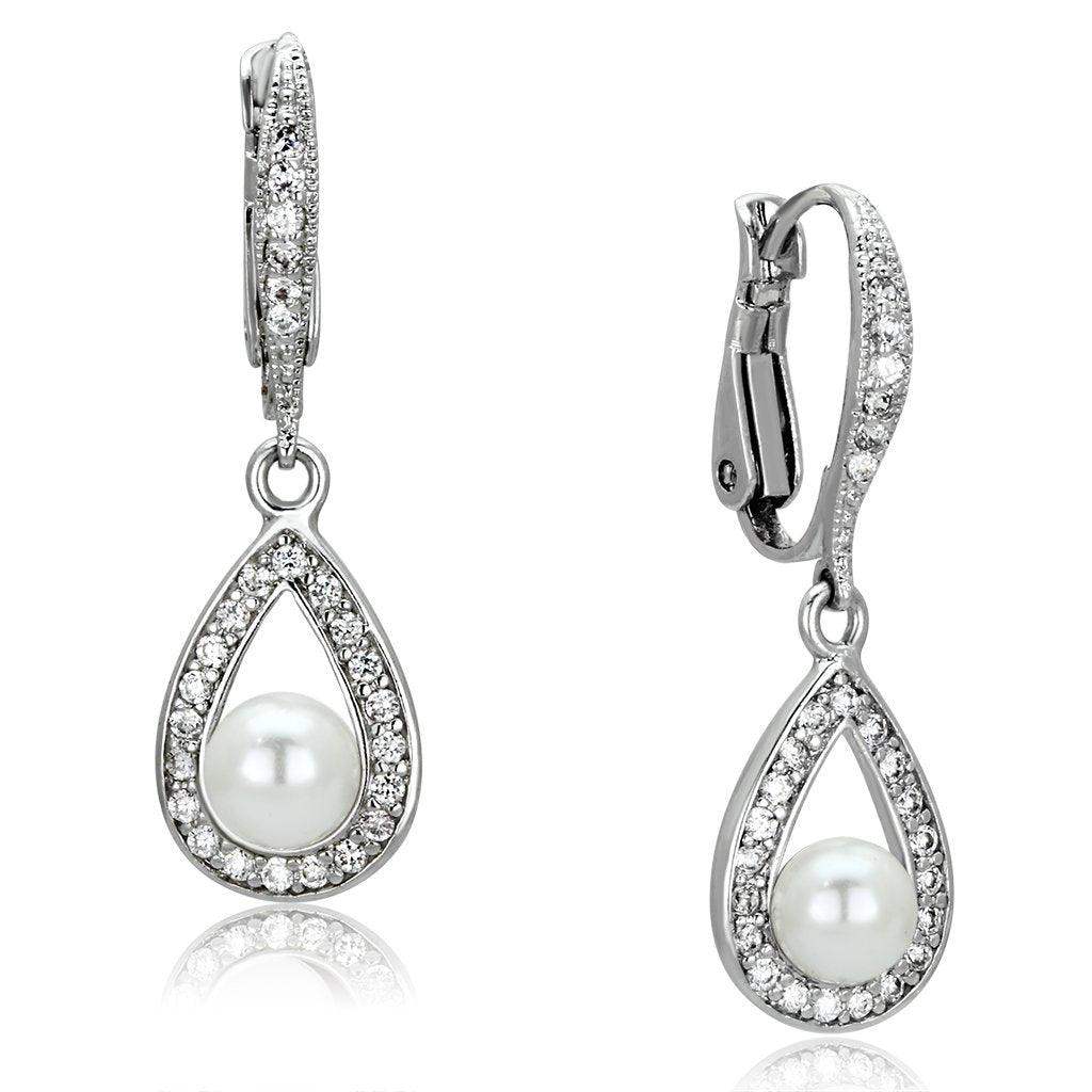 Alamode Rhodium Brass Earrings with Synthetic Pearl in White - Alamode - Flyclothing LLC