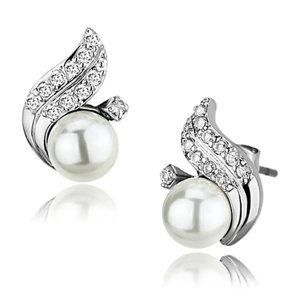 Alamode Rhodium Brass Earrings with Synthetic Pearl in White - Alamode - Flyclothing LLC