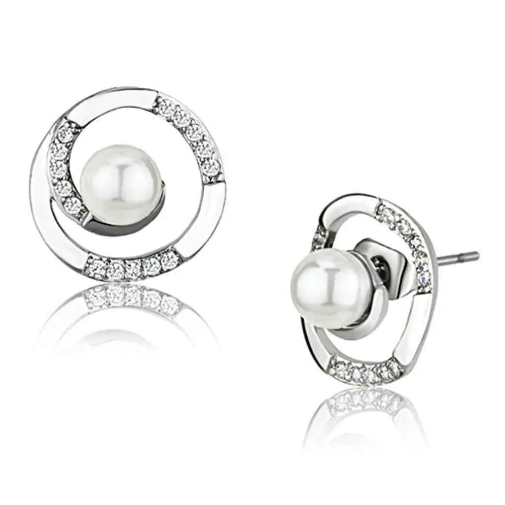 Alamode Rhodium Brass Earrings with Synthetic Pearl in White - Alamode - Flyclothing LLC