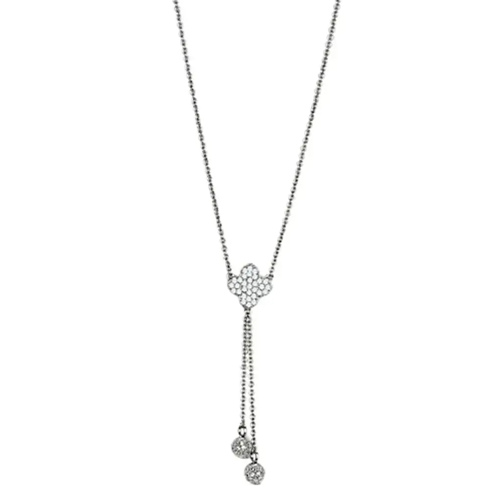 Alamode Rhodium Brass Necklace with AAA Grade CZ in Clear - Alamode - Flyclothing LLC