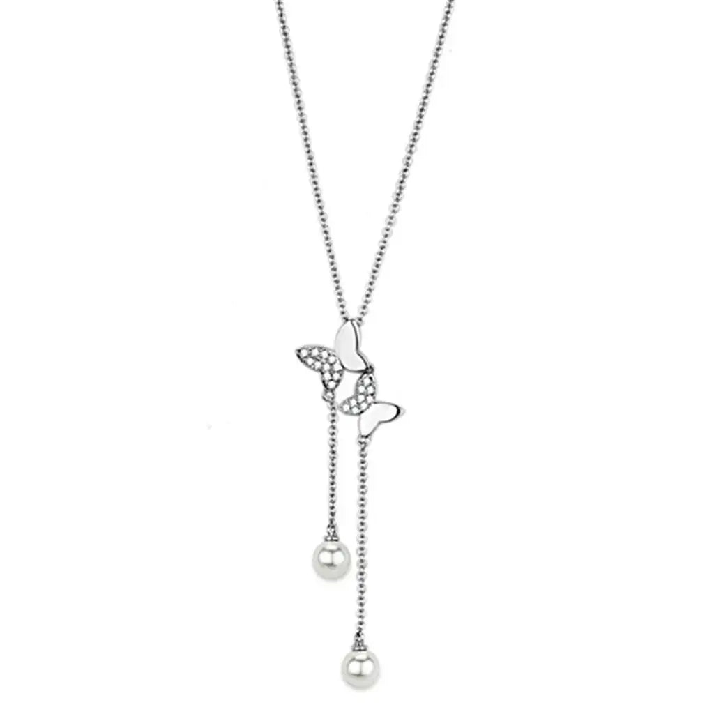 Alamode Rhodium Brass Necklace with Synthetic Pearl in White - Alamode - Flyclothing LLC