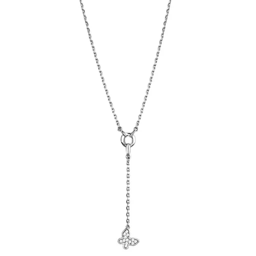 Alamode Rhodium Brass Necklace with AAA Grade CZ in Clear - Alamode - Flyclothing LLC