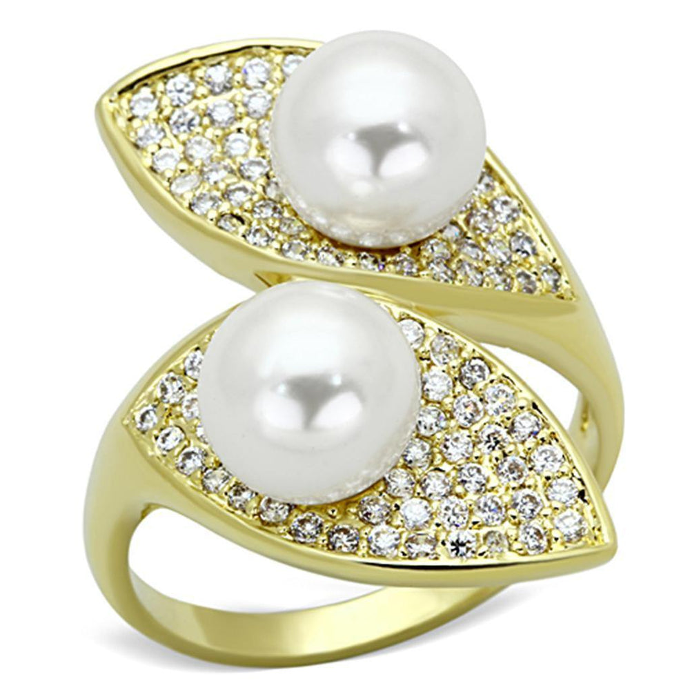 Alamode Gold Brass Ring with Synthetic Pearl in White - Alamode