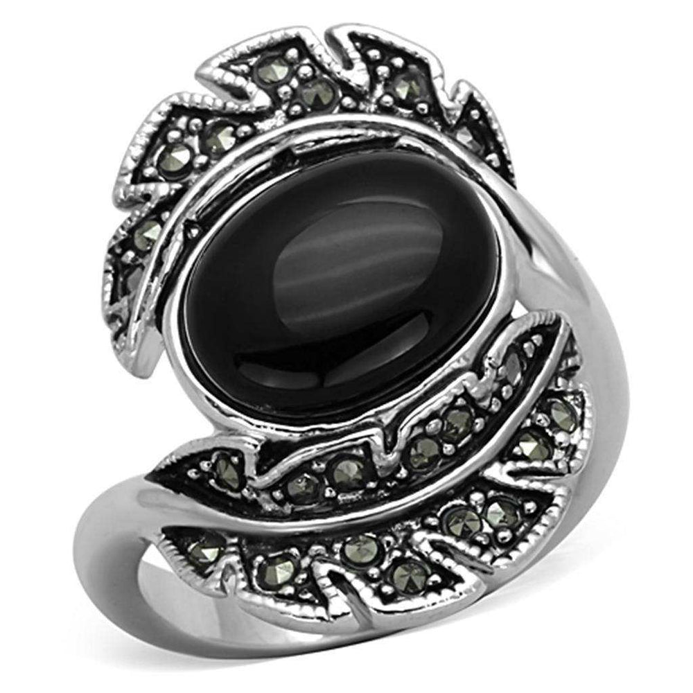 Alamode Rhodium Brass Ring with Synthetic Onyx in Jet - Alamode