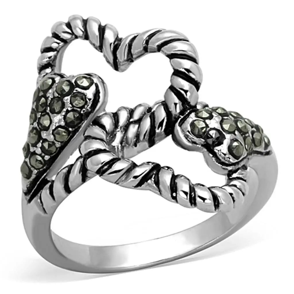 Alamode Rhodium Brass Ring with Synthetic Marcasite in Black Diamond - Alamode - Flyclothing LLC