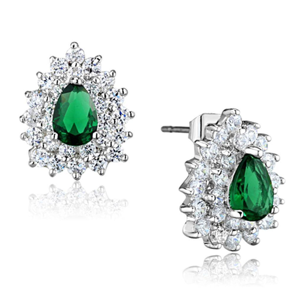 Alamode Rhodium Brass Earrings with Synthetic Synthetic Glass in Emerald - Alamode