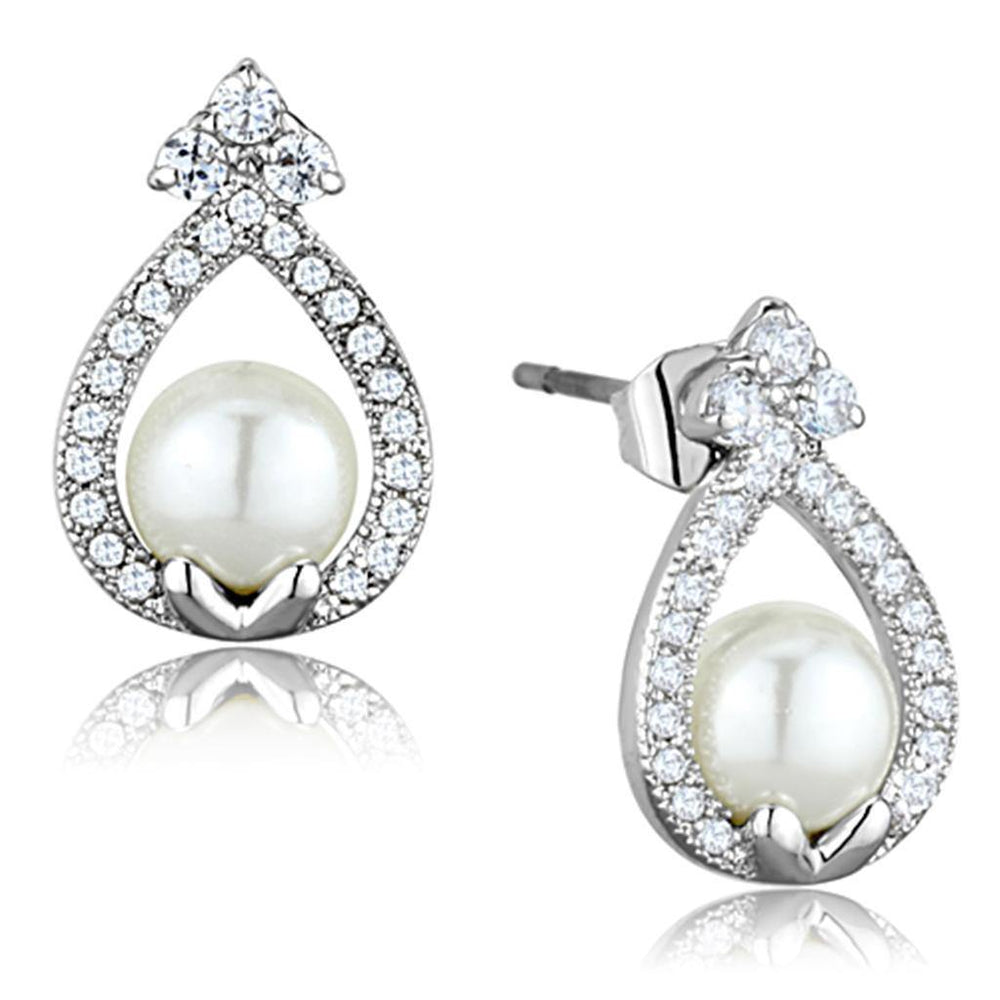 Alamode Rhodium Brass Earrings with Synthetic Pearl in White - Alamode
