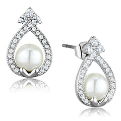 Alamode Rhodium Brass Earrings with Synthetic Pearl in White - Flyclothing LLC