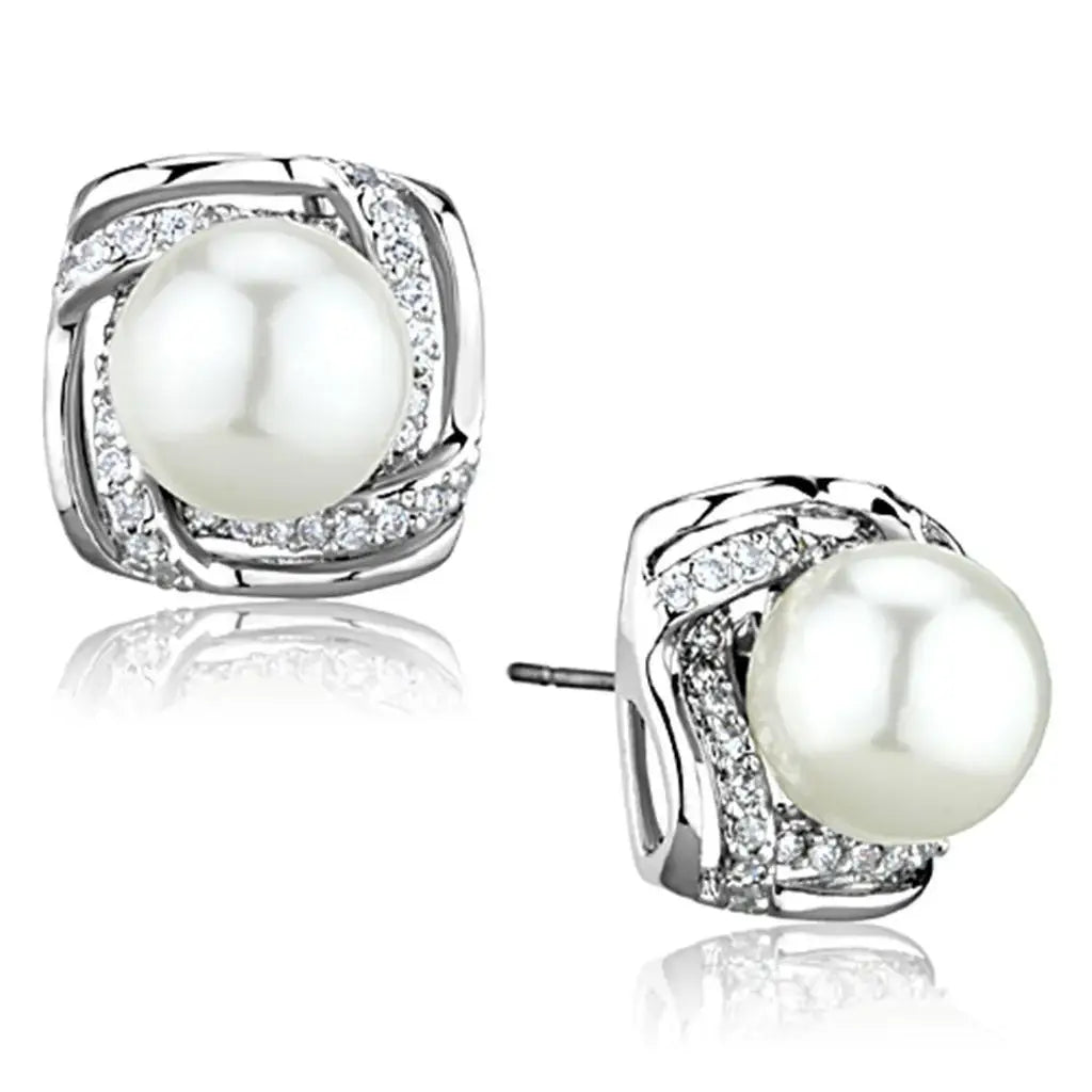 Alamode Rhodium Brass Earrings with Synthetic Pearl in White - Alamode - Flyclothing LLC