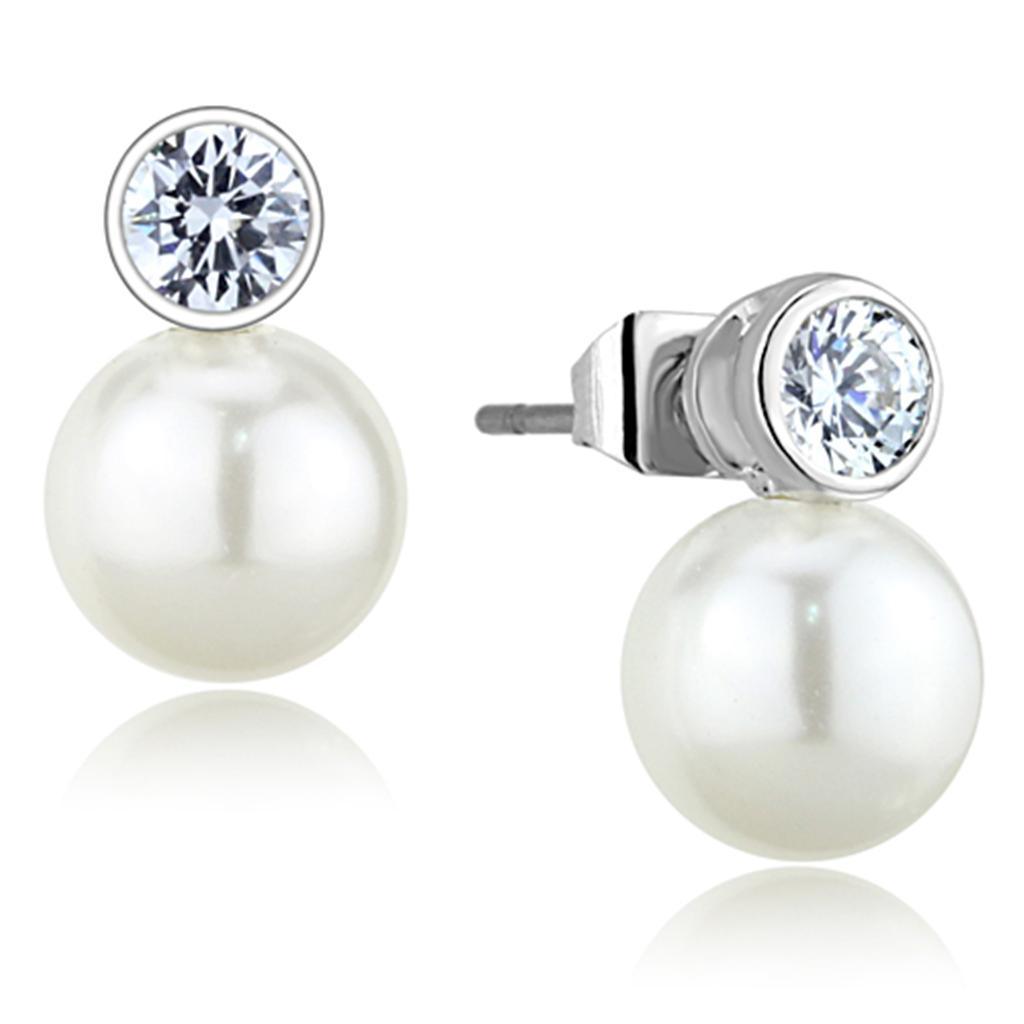 Alamode Rhodium Brass Earrings with Synthetic Pearl in White - Flyclothing LLC
